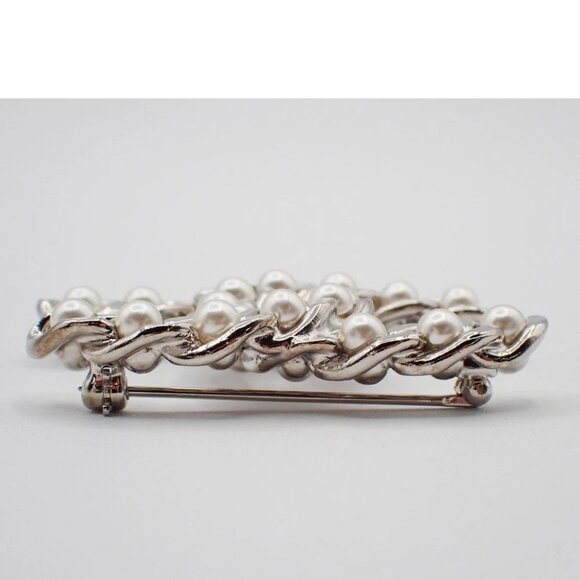 CHANEL CC Logo Imitation Pearl Pin Brooch 15P Clip-On Silver SHW Vintage - Picture 5 of 8